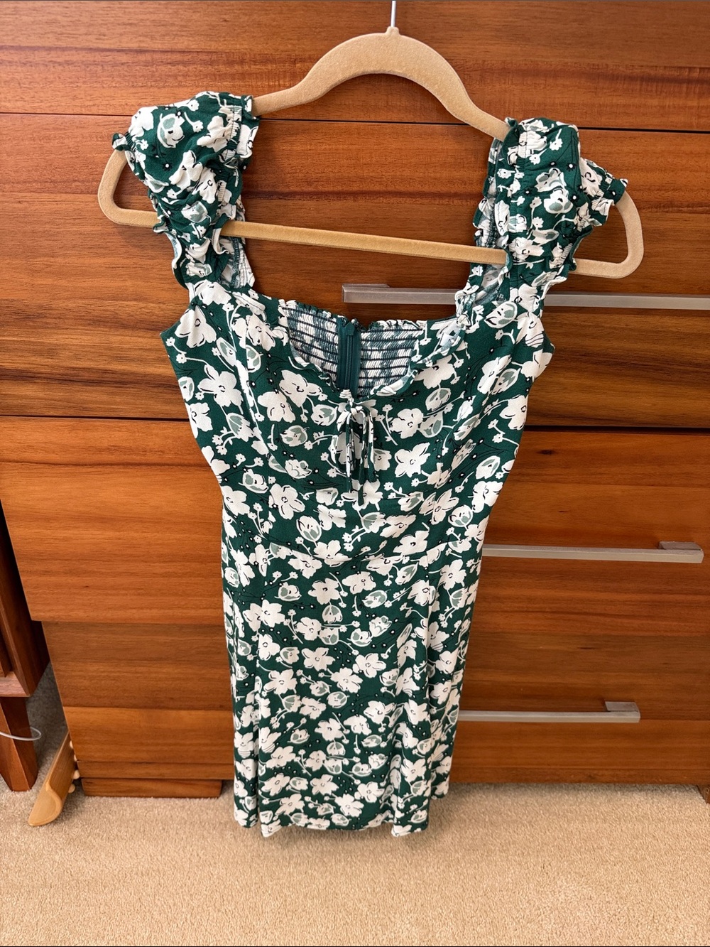 Reformation Forest Green Floral Mini Dress with Puff Straps